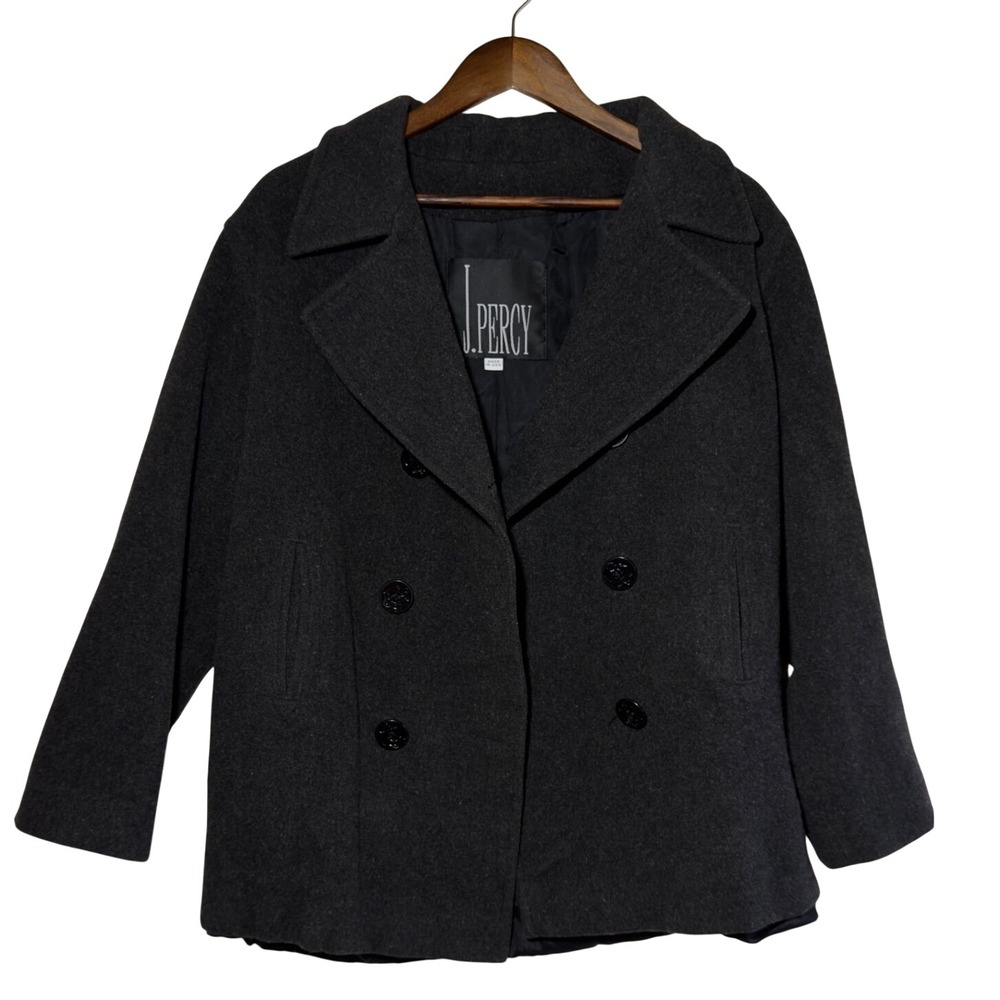 J. Percy Vintage Gray Merino Wool Pea Coat Double Breasted Anchor Buttons USA 12